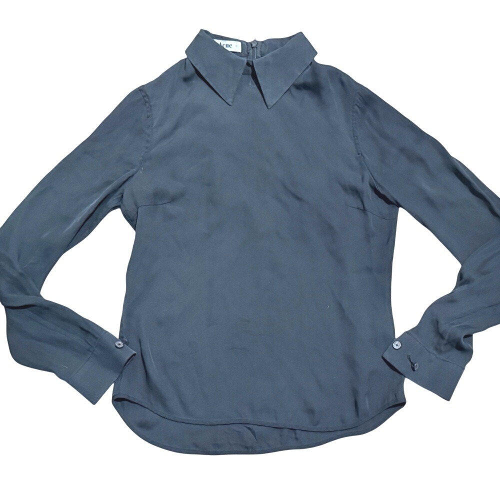 Acne Sloan Zip Black Collared Shirt Womens 34 XS Silk